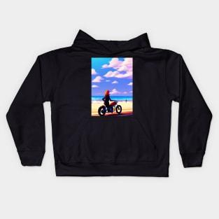 COOL RED HEADED GIRL ON BEACH WITH MOTORCYCLE RETRO Kids Hoodie